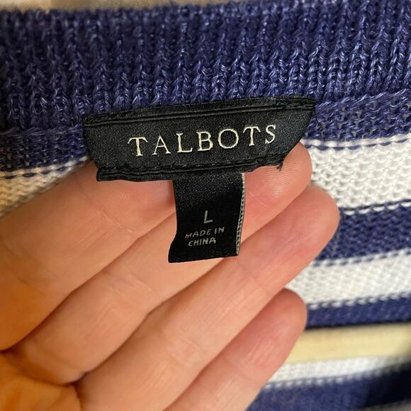 Talbots Womens Cardigan Sweater Navy White Stripe V-Neck Linen L - Picture 4 of 6